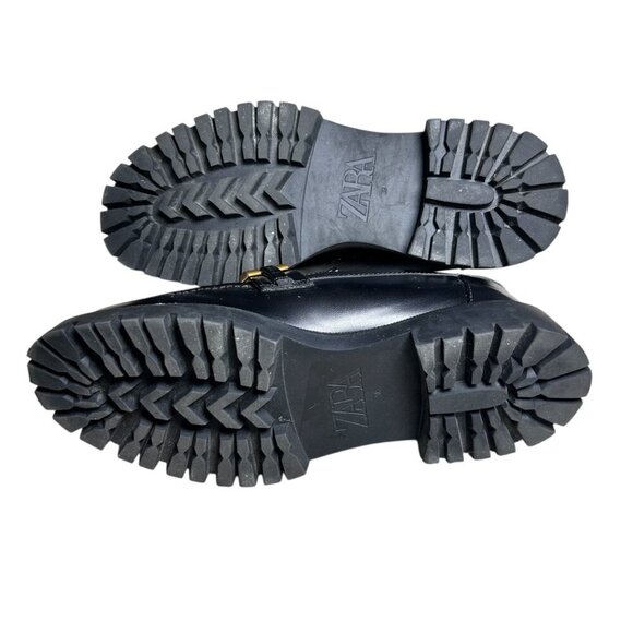 Zara Black Leather Lug Sole Loafers Platform Gold Detail 38 US 7.5 - Picture 5 of 7